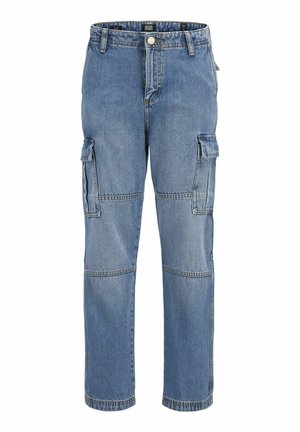 Pantalons cargo en denim bleu avec plusieurs poches latérales, coupe droite, coutures renforcées et fermeture classique par bouton à la taille.