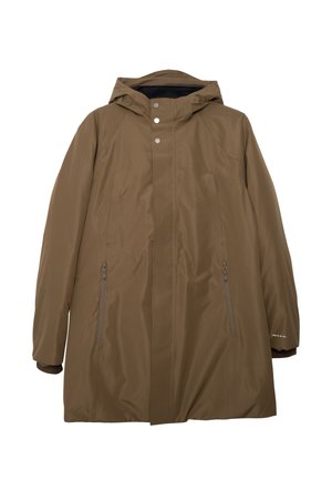 Bruine waterdichte regenjas met capuchon, sluiting met drukknoop aan de voorkant, twee geventileerde zijzakken met rits en een gladde textuur.