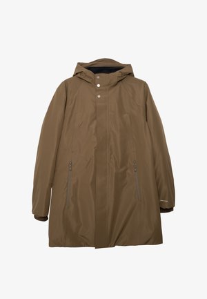 Bruine waterdichte regenjas met capuchon, sluiting met drukknoop aan de voorkant, twee geventileerde zijzakken met rits en een gladde textuur.