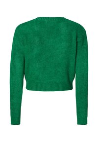 Groene cropped trui met een gestructureerd gebreid patroon, lange mouwen en een ribbelzoom. Het ontwerp heeft een ronde halslijn zonder versieringen.