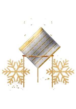 Le calendrier de l'Avent engageant présente un fond argenté avec des accents dorés, des dates marquées et des flocons de neige décoratifs avec une finition pailletée.