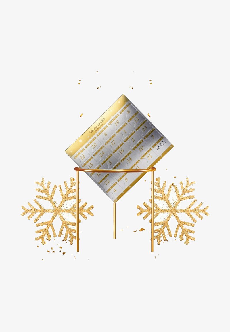 Le calendrier de l'Avent engageant présente un fond argenté avec des accents dorés, des dates marquées et des flocons de neige décoratifs avec une finition pailletée.