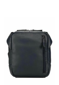 Sac à bandoulière en cuir noir avec une poche zippée à l'avant, forme carrée structurée, texture lisse et design minimaliste.