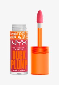 NYX Duck Plump lipgloss i en genomskinlig tub har en ljusrosa produkt och en mjuk, fluffig applikator, med djärv orange branding och kork.