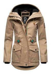 Veste imperméable beige avec capuche, dotée de deux poches avant, de cordons turquoise et orange, et d'un intérieur doublé en polaire.