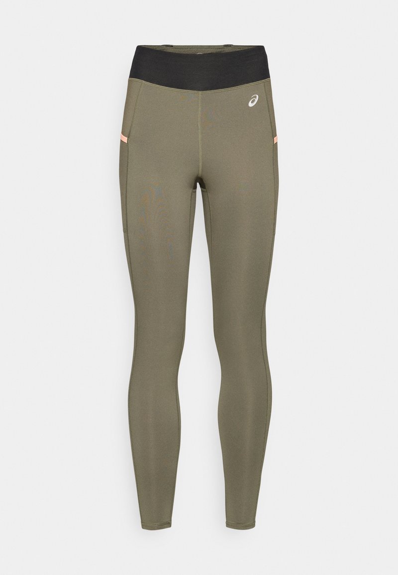 Olive zielone legginsy sportowe z czarnym pasem, z małą kieszonką i jasnoróżowym akcentem. Wykonane z gładkiego, elastycznego materiału.