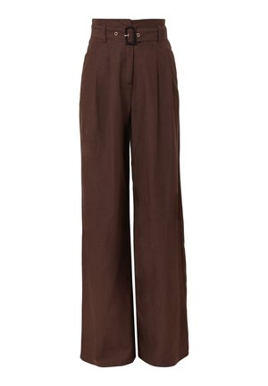 Braune weite Hosen mit strukturiertem Finish, ausgestattet mit einem hochgeschnittenen, taillierten Gürtel und Falten. Hergestellt aus einem leichten, atmungsaktiven Stoff.