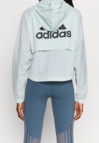 Person i ljusblå Adidas-huvjacka och mörkblå leggings med meshpaneler, sedd bakifrån mot en enfärgad bakgrund.