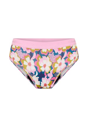 Damen-Hipster-Unterwäsche mit pinkem Bund und einem bunten Blumenmuster in Weiß, Pink, Blau und Olivgrün.