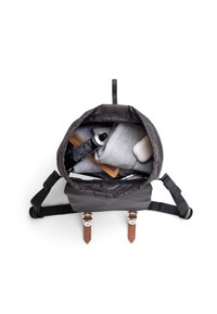 Black fabric backpack with leather accents, featuring a spacious interior filled with a gray sweatshirt, a comb, and a spray bottle.