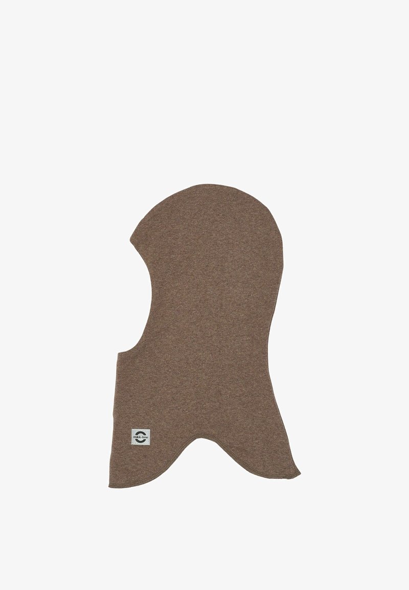 Cagoule marron tricotée avec une étiquette près du bord inférieur, conçue pour couvrir la tête et le cou.