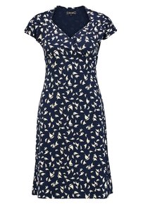 Navy dress with white sailboat pattern. Features short sleeves, a wrap neckline, and a flared hem. Made of a lightweight fabric.