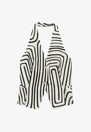 Gilet senza maniche bianco e nero con motivo a onde, due tasche frontali e due bottoni al centro. Realizzato in un tessuto testurizzato.