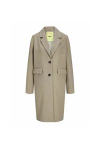 Abrigo de lana beige con solapas muescas, dos bolsillos frontales, dos botones negros y un bolsillo en el pecho; textura suave y diseño ajustado.
