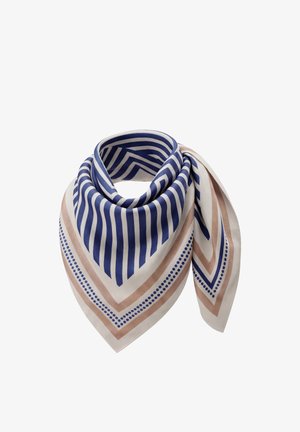 Zijden sjaal met marineblauwe en beige strepen, stippen en geometrische patronen, gevouwen in een driehoekige vorm.