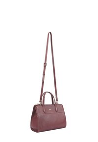 Bordeaux leren handtas met een gestructureerd ontwerp, dubbele handvatten en een afneembare verstelbare schouderband. Voorzien van een gladde textuur en gouden hardware accenten.