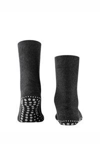 Šedé kotníkové ponožky s žebrovanou texturou a bílým puntíkovaným protiskluzovým vzorem na podrážce. Hladký povrch a elastický lem.