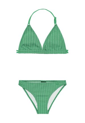 Groen gestreept bikini set met een driehoekige top met verstelbare bandjes en bijpassende low-rise bottoms. Textuurstof met subtiele glans.