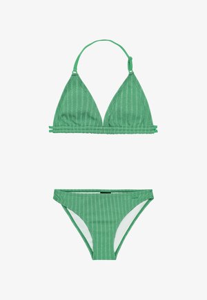 Set bikini a righe verdi composto da un top triangolare con spalline regolabili e coordinato con slip a vita bassa. Tessuto testurizzato con un leggero lucido.