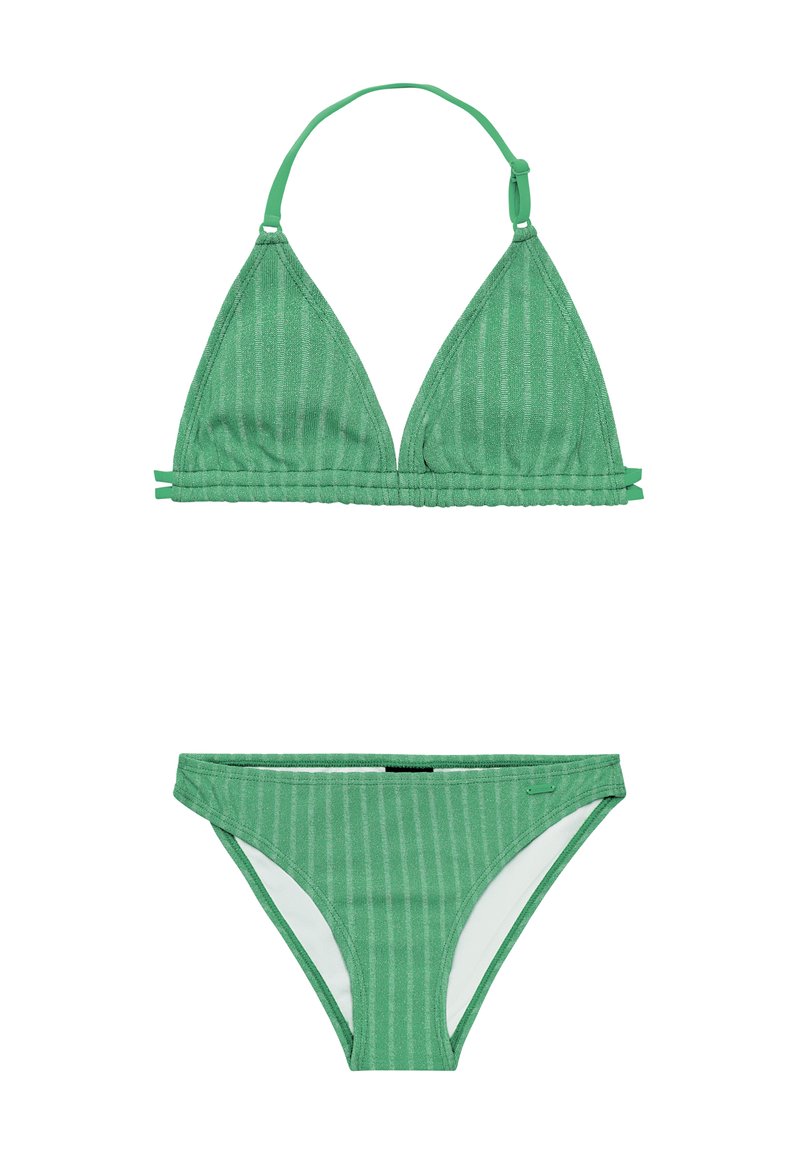 Zelený pruhovaný bikiny set s trojuholníkovým vrchom s nastaviteľnými ramienkami a zodpovedajúcimi nízkymi nohavičkami. Textúrovaná látka s jemným leskom.