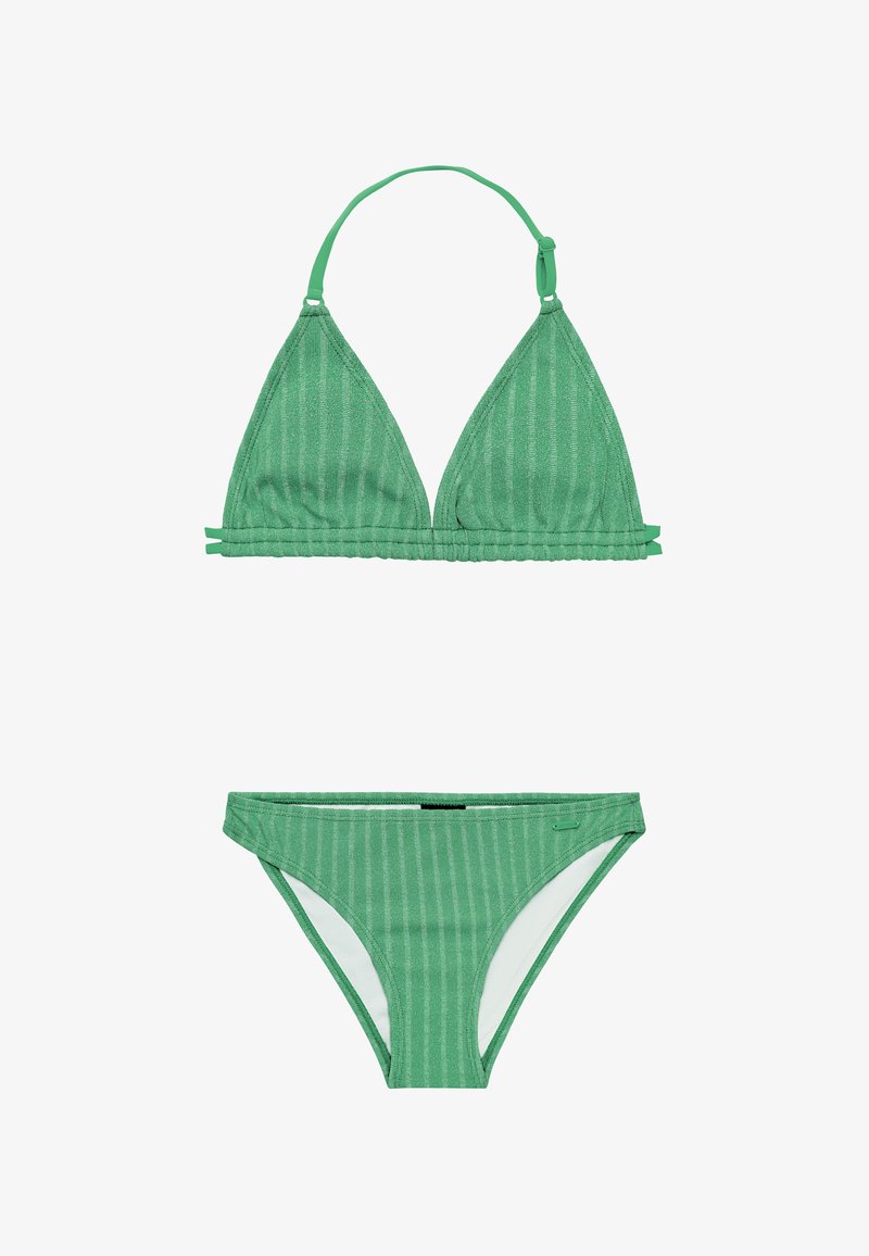 Groen gestreept bikini set met een driehoekige top met verstelbare bandjes en bijpassende low-rise bottoms. Textuurstof met subtiele glans.