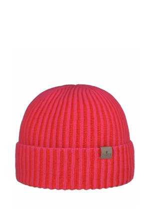 Red and pink vertically striped knit beanie hat with folded brim and small brown brand tag on front.