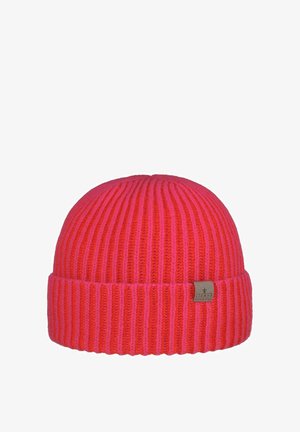Red and pink vertically striped knit beanie hat with folded brim and small brown brand tag on front.