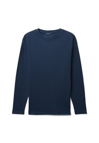 Long-sleeve navy blue t-shirt made of a textured fabric with a crew neck and straight hem, featuring ribbed detailing on the shoulders.