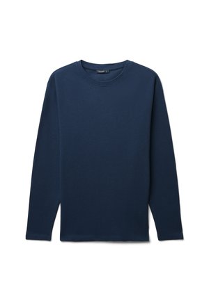 T-shirt a maniche lunghe blu navy realizzato in un tessuto testurizzato con collo rotondo e orlo dritto, caratterizzato da dettagli a coste sulle spalle.