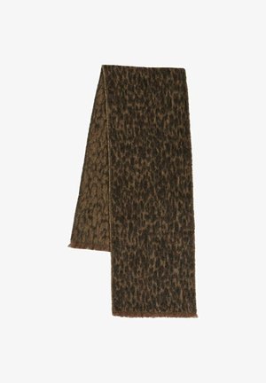 Brown scarf featuring a leopard print pattern, made of soft material with frayed edges, elongated rectangular shape, and varied texture.