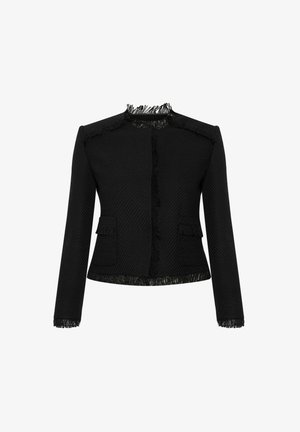 Schwarze strukturierte Jacke mit langen Ärmeln, Fransenverzierungen am Kragen und Saum sowie zwei vorderen Taschen mit leichten Fransenakzenten.