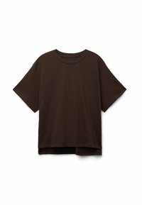 Hnědý krátký rukáv T-shirt z měkké bavlny. Kulatý výstřih, volný střih a mírně delší zadní lem. Hladká textura, bez vzorů.