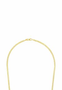 Collar de cadena de oro con un diseño de eslabones lisos y planos y un cierre de langosta. Presenta un acabado brillante y una forma uniforme.