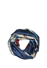 Foulard di seta blu navy con vivaci motivi stampati. Texture liscia con grafiche audaci, piegato in una forma ad anello.