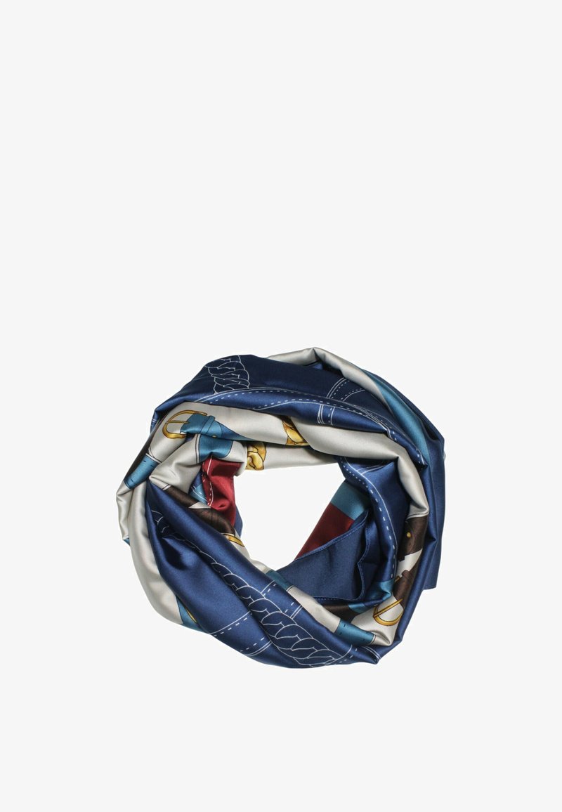 Foulard di seta blu navy con vivaci motivi stampati. Texture liscia con grafiche audaci, piegato in una forma ad anello.