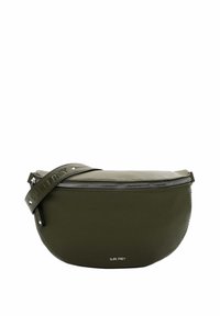 Borsa a tracolla in pelle verde oliva dalla forma arrotondata, con apertura zip, superficie testurizzata e tracolla regolabile con il nome del marchio impresso.