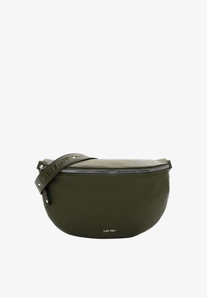 Olive green leather crossbody bag with rounded shape, zippered top, textured surface, and adjustable strap embossed with brand name.