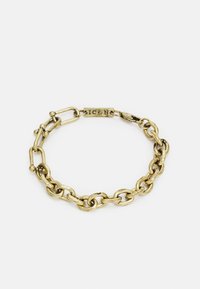 Pulseira de metal dourado com elos ovais e redondos, com um acabamento texturizado e um fecho marcado "ICON." Design durável em estilo corrente.