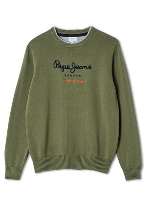 Oliwkowa bluza z okrągłym dekoltem z prążkowanymi mankietami i dołem, z wyhaftowanym napisem "Pepe Jeans London" oraz "Seventy Three" na przodzie.