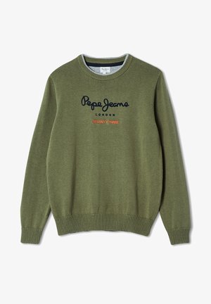 Oliwkowa bluza z okrągłym dekoltem z prążkowanymi mankietami i dołem, z wyhaftowanym napisem "Pepe Jeans London" oraz "Seventy Three" na przodzie.