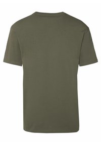 Olijfgroen katoenen T-shirt met korte mouwen, ronde hals en een gladde textuur. Effen rug zonder zichtbare branding of ontwerpelementen.