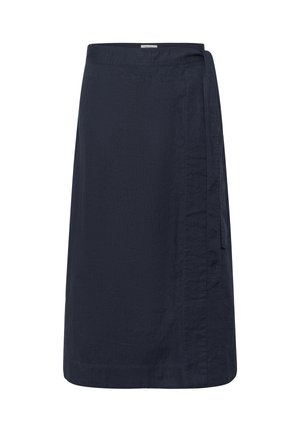 Temno modra krilo s prekrivanjem do kolen, z detajlom vezenja ob strani, gladka tekstura in ravni rob.