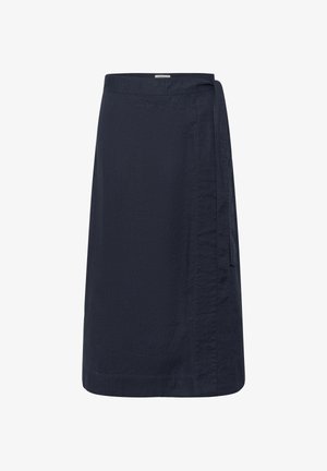 Jupe portefeuille bleu marine longueur genou avec détail de nouage sur le côté, texture lisse et ourlet droit.