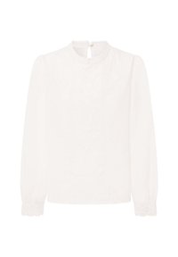 Blouse blanche à manches longues avec col haut, détails en dentelle sur le devant et aux poignets, fermeture par boutons au dos du col.