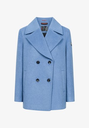 Jasnoniebieski płaszcz z wełny w mieszance, dwurzędowy, z dużymi klapami, czarnymi guzikami i kieszeniami po bokach. Teksturowany materiał o dopasowanym kroju.