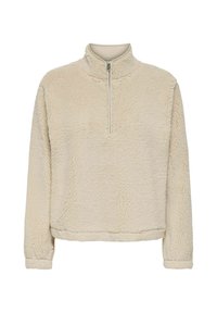 Pull en polaire beige avec un col zippé sur un quart, surface texturée, manches longues et coupe décontractée. Tissu doux et chaud.