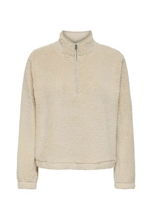 Beige fleece pullover with a quarter-zip collar, textured surface, long sleeves, and a relaxed fit. Soft and warm fabric.