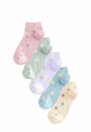 Set of five colorful ankle socks: pink with bees, green with flowers, purple with fawns, blue with chicks, and yellow with floral patterns.