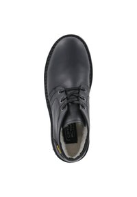Schwarze Lederschuhe mit abgerundetem Zehenbereich, Schnürdesign und strukturiertem Absatz. Innen mit weichem Material für Komfort ausgekleidet.