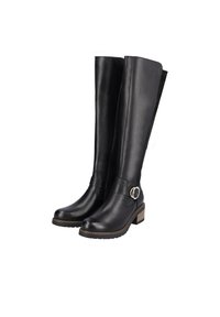 Bottes en cuir noir allant jusqu'au genou avec un bout rond, un talon bloc et un accent de boucle décoratif. Semelle texturée pour une meilleure adhérence.